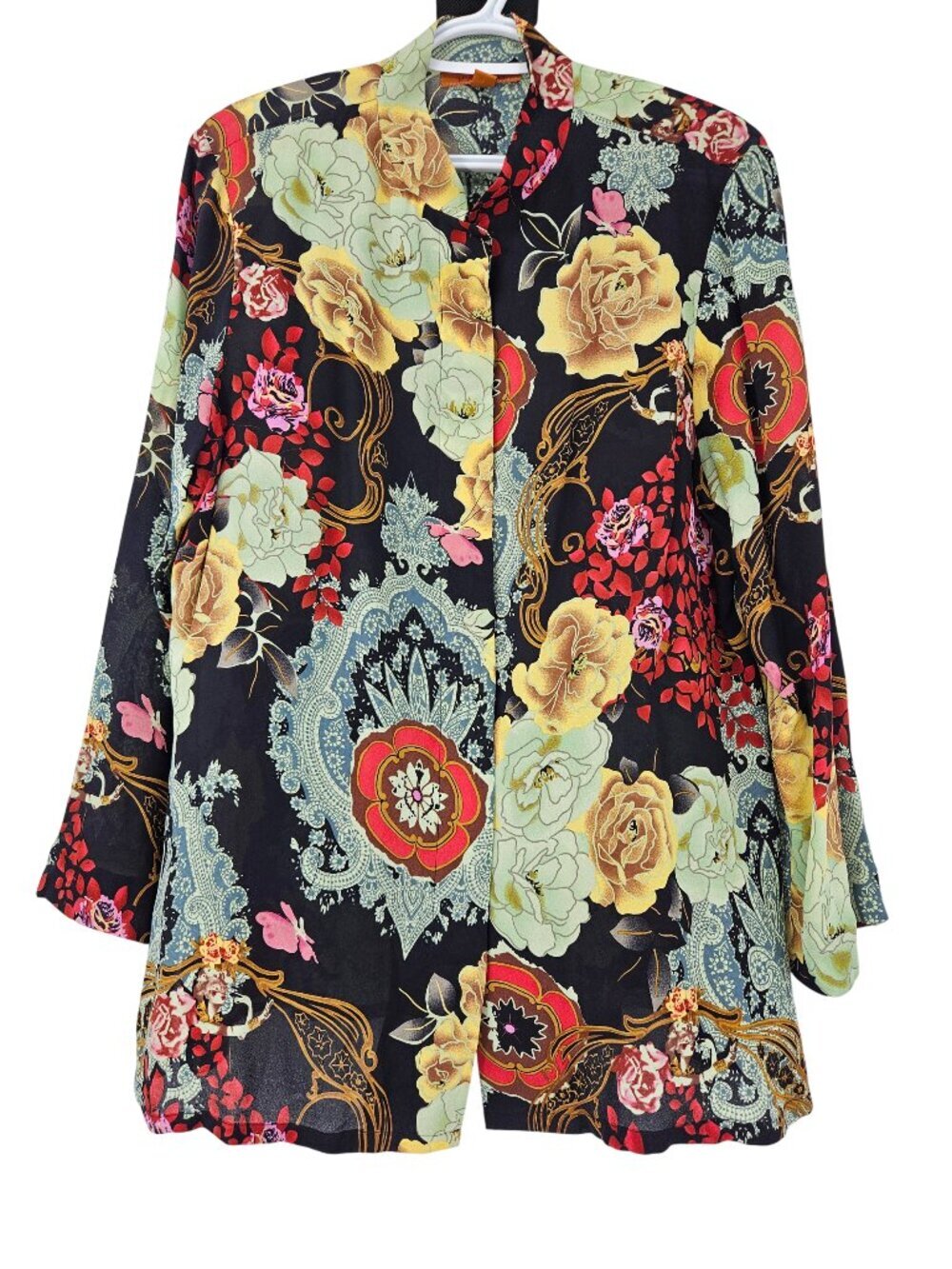 Harari Floral Paisley Silk Button Down Top Women's Size L Artsy Art To Wear